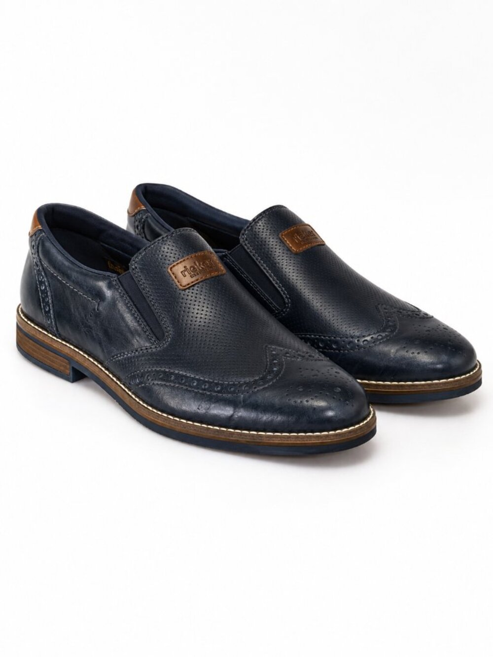 Rieker Leather Slip On Loafers Mens 44 Navy Black Wingtip Casual Dress Shoes